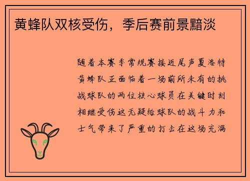 黄蜂队双核受伤，季后赛前景黯淡